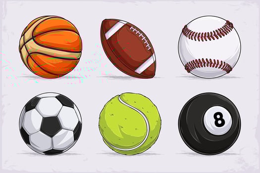 Hand drawn set of popular sports balls, basketball, football, baseball, tennis, soccer and billiards vector