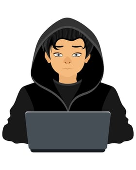 young hacker programmer it specialist coder sitting at a laptop in a sweater with a hood flat style illustration isolated on white background vector