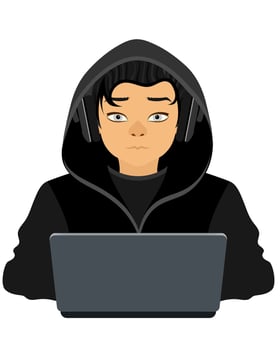 young hacker programmer it specialist coder sitting at a laptop in a sweater with a hood flat style illustration isolated on white background vector