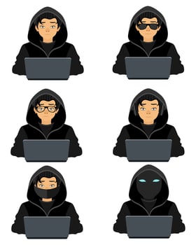 young hacker programmer it specialist coder sitting at a laptop in a sweater with a hood flat style illustration isolated on white background vector