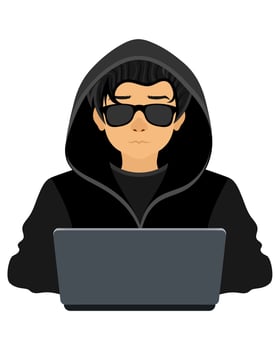 young hacker programmer it specialist coder sitting at a laptop in a sweater with a hood flat style illustration isolated on white background vector