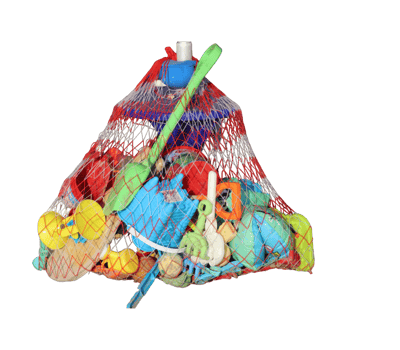 Mesh bag filled with colorful beach toys for children png