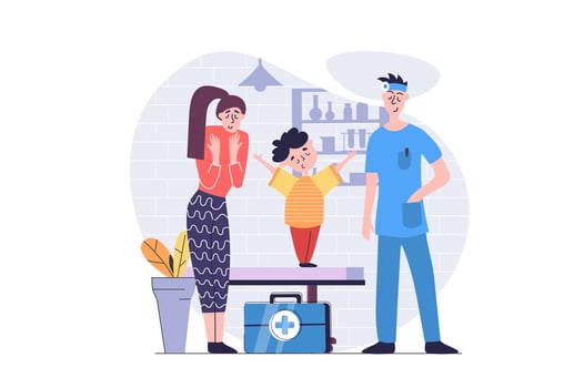 Medicine concept in modern flat design for web. Doctor pediatrician doing diagnosis and checkup for kid patient in clinic. Mother with child boy visiting pediatric specialist. illustration. vector