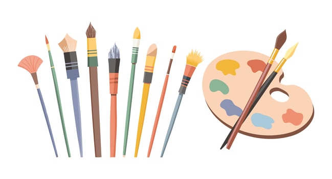 Palette with paints of different colors and a set of brushes. Art supplies, accessories for creativity and hobbies. Poster, illustration vector