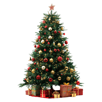 Decorated Christmas tree with box gift presents for new year celebrate isolated on transparent background png
