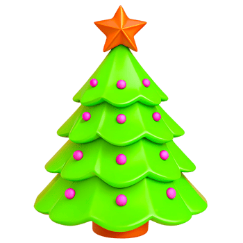 A green 3D Christmas tree with a star on top. The Christmas tree is decorated with balloons and creates a festive and joyful Christmas mood, on a transparent background png