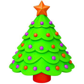 A green 3D Christmas tree with a star on top. The Christmas tree is decorated with balloons and creates a festive and joyful Christmas mood, on a transparent background png