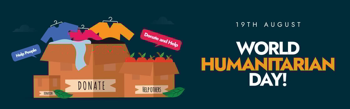 World Humanitarian Day background, cover banner. 19th August Humanitarian day celebration banner with food and clothes aid boxes. vector