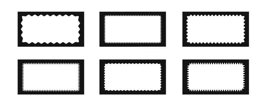 Set of rectangular frames with wavy inner edges. Trendy zigzag curved geometric frames for decorative design, blank tag, stamps, stickers, price tags. illustration vector