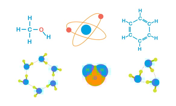 Set with colorful chemistry lessons illustrations of molecules, atoms, elements. Water molecule. Colorful elements for school laboratory and science school subject vector