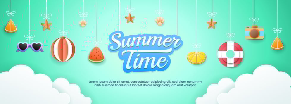 Summer holidays featuring paper cut hanging symbols and icons for invitation backgrounds and greeting card. vector