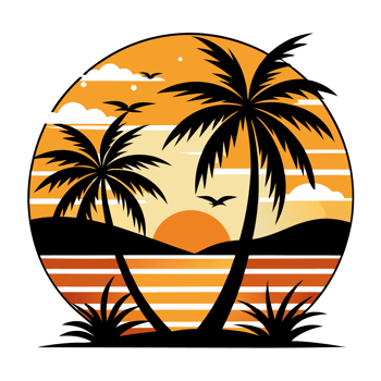 A sunset scene with black silhouettes of palm trees and flying birds creates png