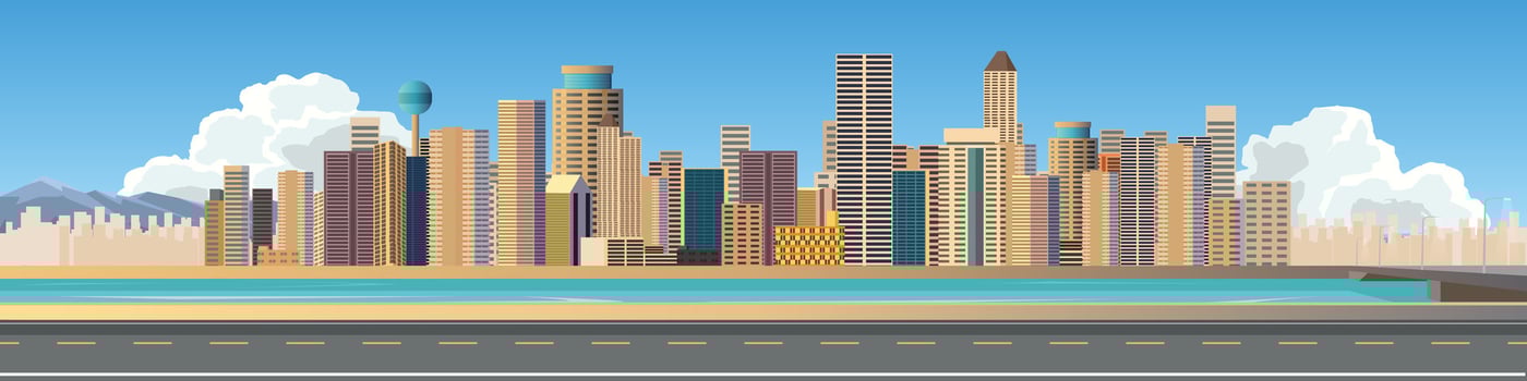 Horizontal view of Asphalt road. Background of city skyline with skyscrapers. Road that cuts through skyscrapers with a river in between. Bridge across the river with light poles. vector