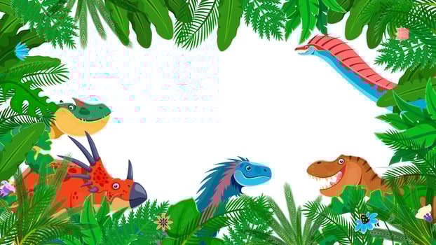 Prehistoric dinosaurs in jungle forest plant frame vector