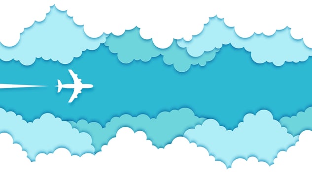 Top view paper cut plane in sky clouds, 3d vector