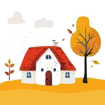 Cartoon Village House with a tiled roof. Folk yellow tree and clouds. Postcard and poster. For children print textiles vector