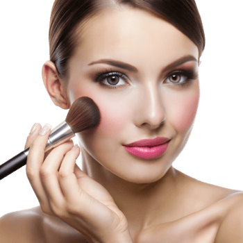 Woman applying blush with a makeup brush, focusing on her cheeks png