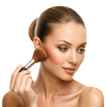 Woman applying makeup with a brush, focusing on her forehead png