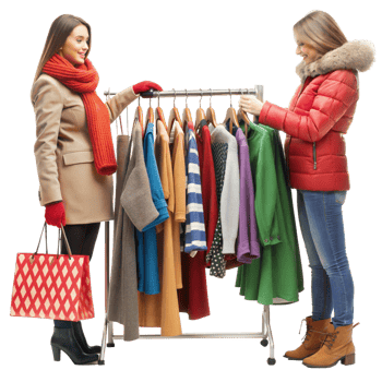 Women shopping for clothes, enjoying a day out together png