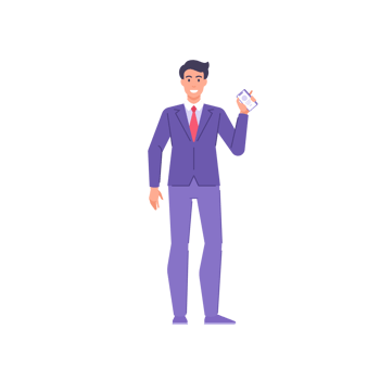 Overjoyed business man showing screen of mobile phone with corporate website online advertising png