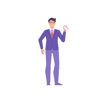 Handsome politician male character performing smartphone screen website advertising application png