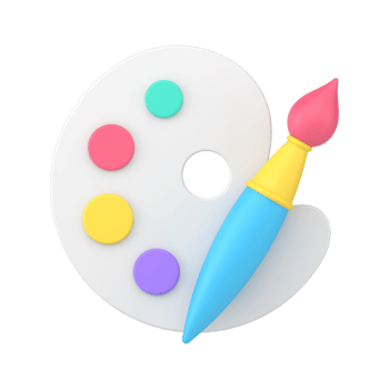 Palette with paints and brush 3d icon. Purple, yellow, pink and turquoise color on chalkboard png