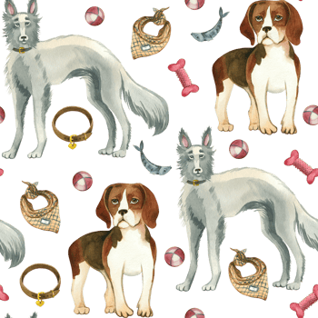 Dogs of different breeds, pets with a ball, collar, bone and leash hand drawn in watercolor. Seamless watercolor pattern. Suitable for printing on fabric, wrapping paper, postcards png