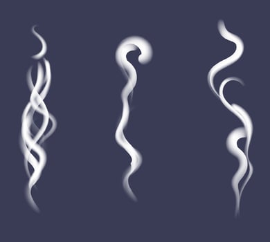 Set Smoke. isolated realistic incense or cigarette smoke waves on blue background. Decoration element for hot food, fire and frankincense vector