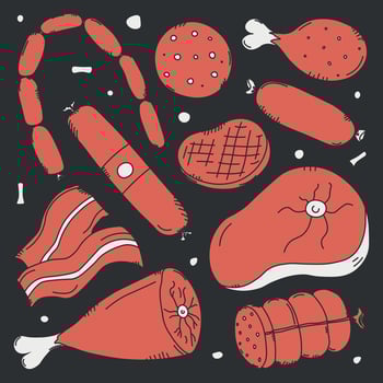 Doodle illustration with meat products icons. Hand drawn meat background vector