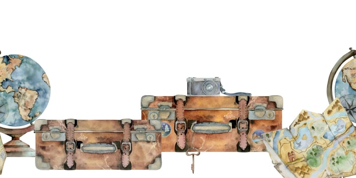 Vintage retro luggage, baggage suitcases with stickers, old camera, map, globe. Watercolor hand drawn art. Seamless banner. Design for tourism, travel, brochure, wedding, guide, print, card tattoo. vector