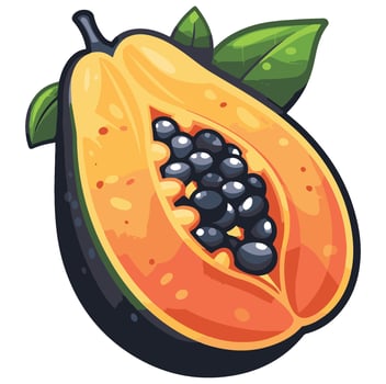 Half papaya with black seeds and green leaves cartoon illustration , vector