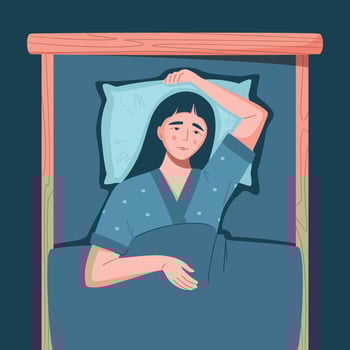 Sleep disorder, insomnia, sleeplessness. Young tired Asian woman lying in bed with open eyes in darkness night room. Frustrated person with problem. Character illustration in flat style vector
