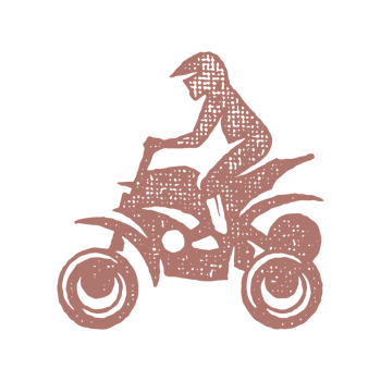 Silhouette person in helmet driving quadricycle trip in countryside hand drawn stamp effect vintage illustration png