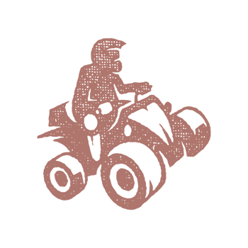 Silhouette person in helmet driving quadricycle trip in countryside hand drawn stamp effect vintage illustration png