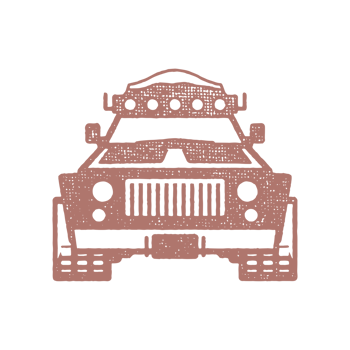 Silhouette of off road car designed as symbol of travel through nature hand drawn stamp effect vintage illustration png