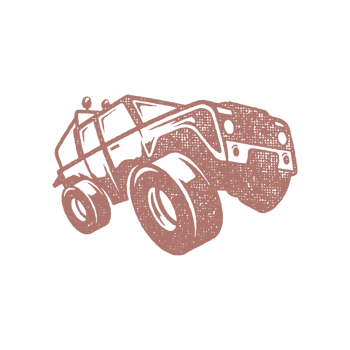 Silhouette of off road car designed as symbol of travel through nature hand drawn stamp effect vintage illustration png