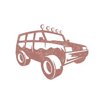 Silhouette of off road car designed as symbol of travel through nature hand drawn stamp effect vintage illustration png