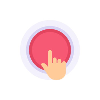 Human hand press on huge circle red button flat illustration. Person finger turn off and on png