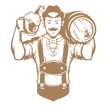 Man in traditional German costume holding keg and mug of beer hand drawn silhouette illustration for retro logo design png