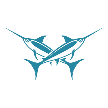 Two crossed swordfishes hand drawn silhouette illustration for retro logo design png