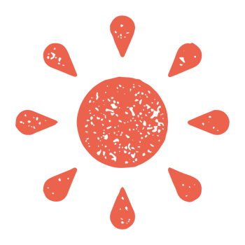 Hand drawn decorative childish red sun with rays logotype of summer travel vacation grunge texture png