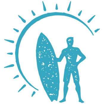 Male surfer standing surfboard at curved arch abstract sun with beams blue grunge texture png