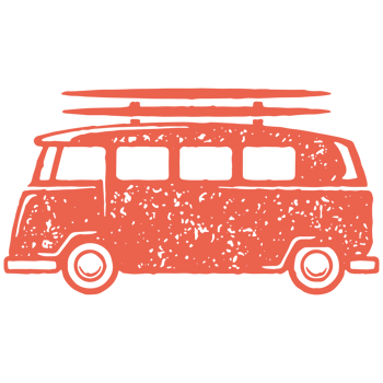 Hand drawn surfer bus with surfboards side view red grunge texture illustration png