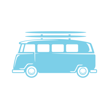 Retro camper van with surfboards on the roof png