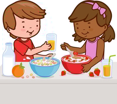 Children eating breakfast cereal. Kids eating at home in the kitchen or at school. vector