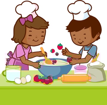 Children cooking in the kitchen at home. Kids with cooking hats baking a cake. vector