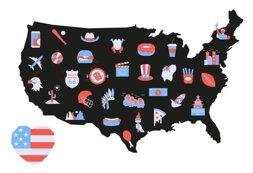 United States elements illustration. USA symbol icons in flag colors on territory background. vector