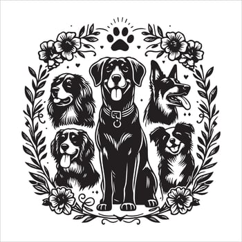 Print A collage of a dog a plant in an illustrated frame risograph silhouette white background vector
