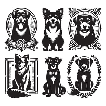 Print A collage of a dog a plant in an illustrated frame risograph silhouette white background vector