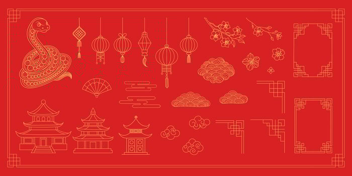 A red background with a lot of Chinese symbols and designs. The symbols include a dragon, a lotus flower, and a temple. Scene is one of celebration and cultural significance vector